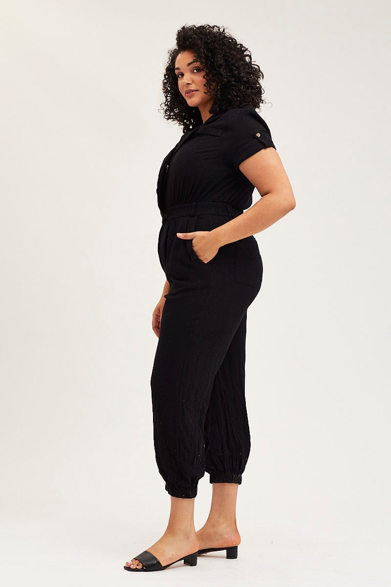Black Jumpsuit V-Neck Short Sleeve Waist Tie For Women By You And All