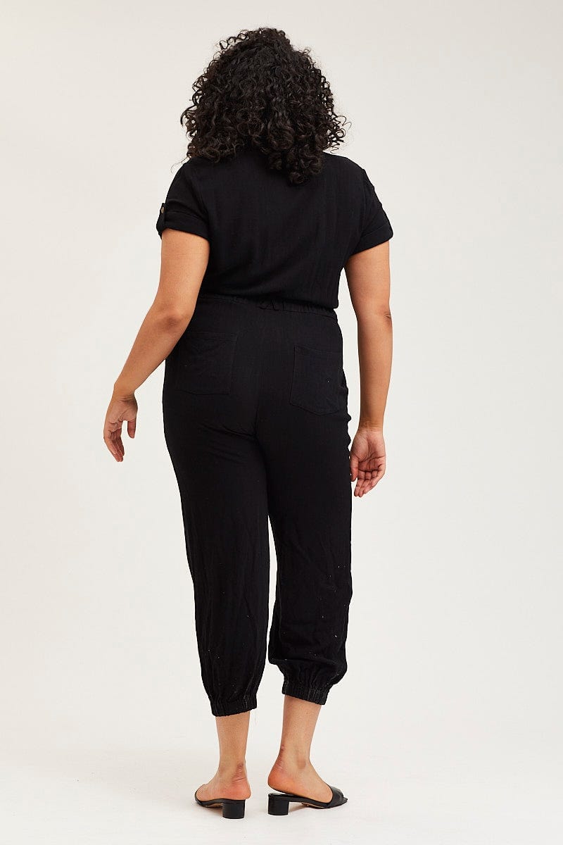 Black Jumpsuit V-Neck Short Sleeve Waist Tie For Women By You And All