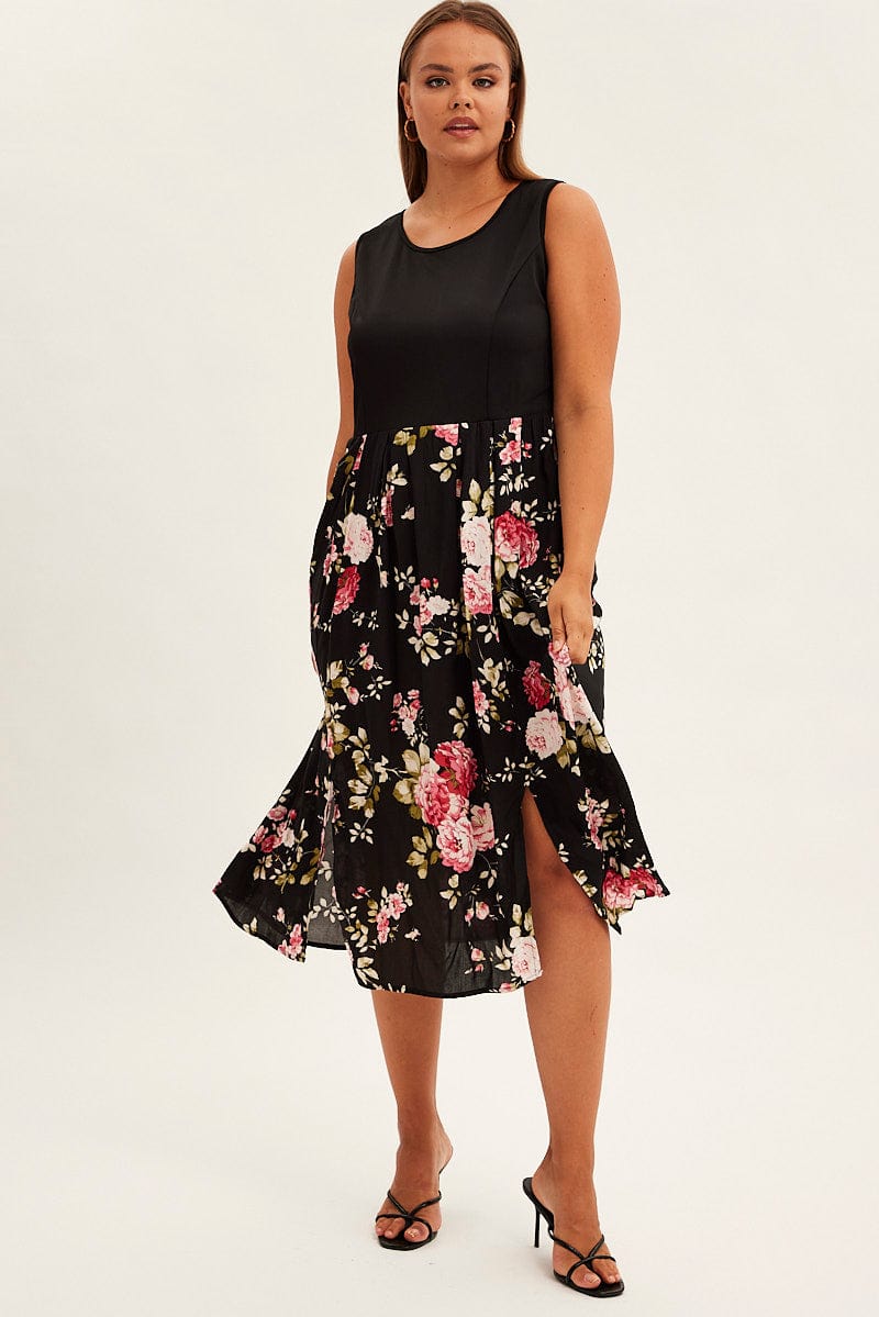 Print CREAM PRINT Sleeveless Plain Bodice Long Dress for YouandAll Fashion