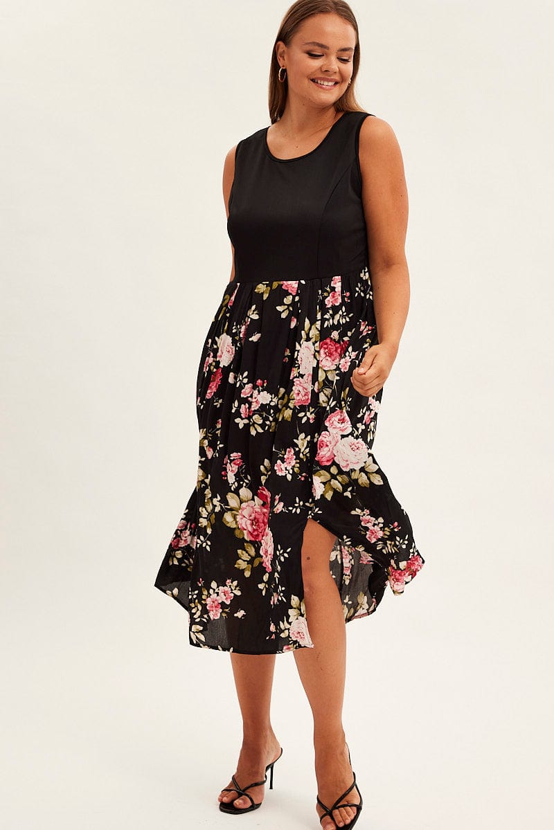 Print CREAM PRINT Sleeveless Plain Bodice Long Dress for YouandAll Fashion