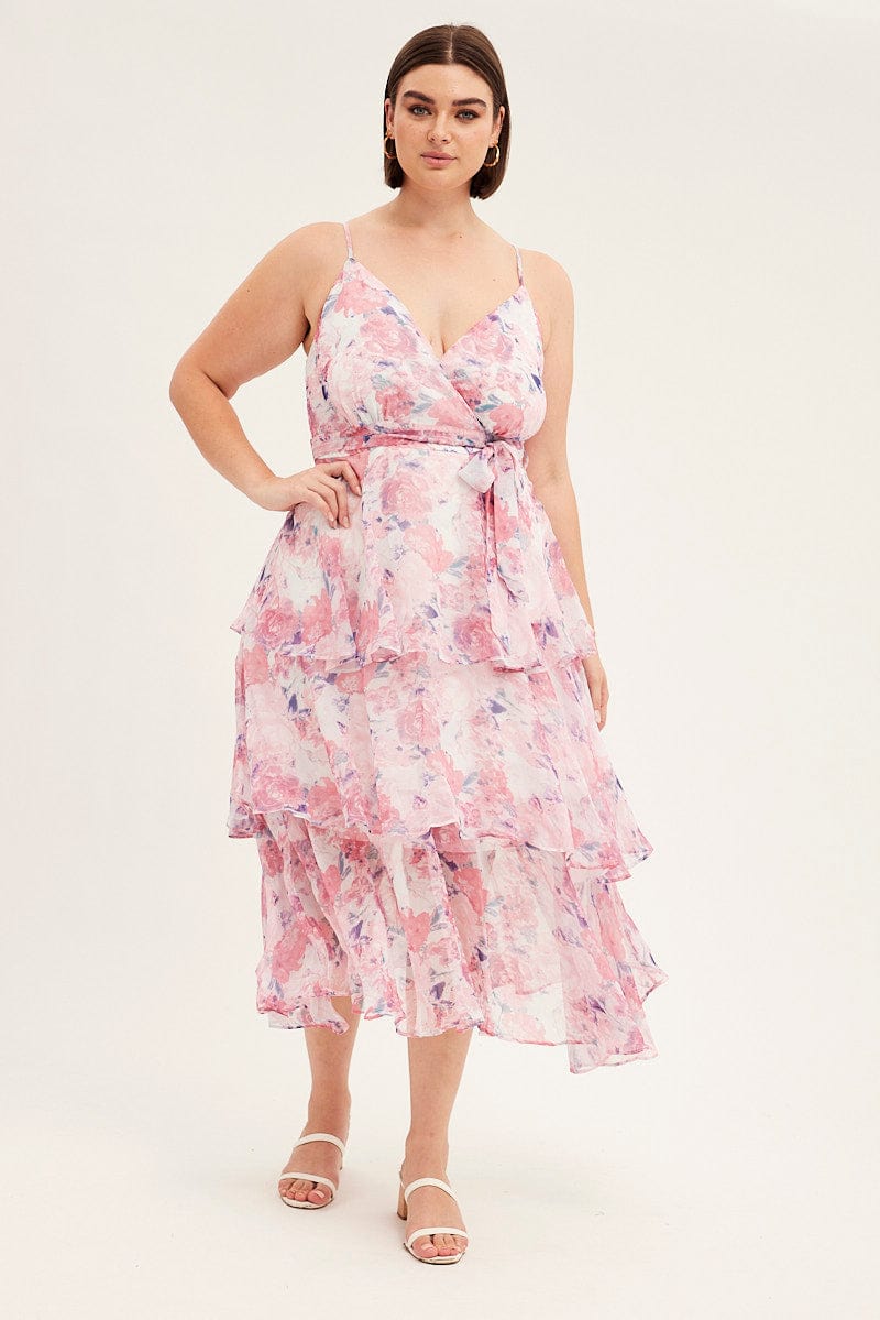 Pink Floral Midi Dress Shoestring Frill Chiffon Print for YouandAll Fashion