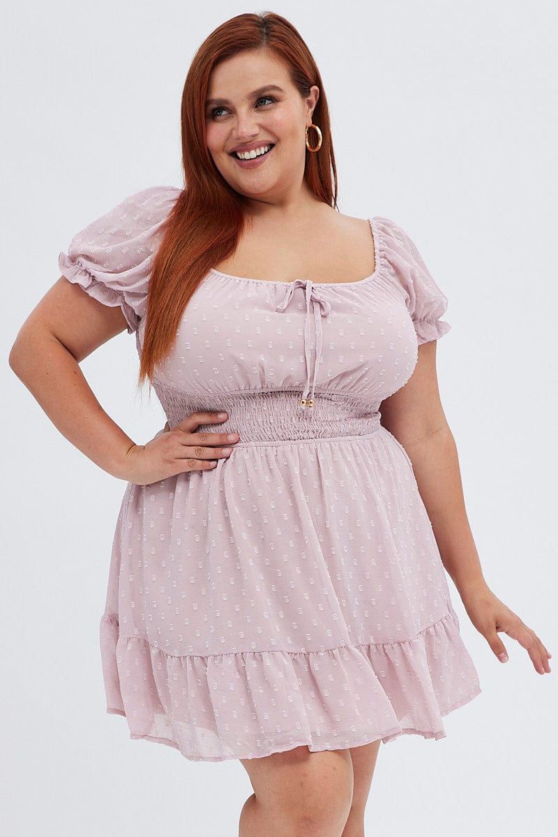 Pink Fit and Flare Dress Short Sleeve Ruched Bust for YouandAll Fashion