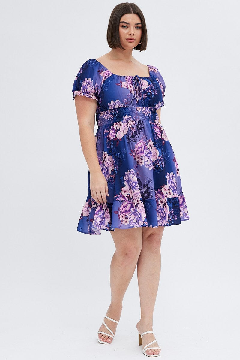 Multi Floral Skater Dress Short Puff Sleeve Crepe Tie Neck for YouandAll Fashion