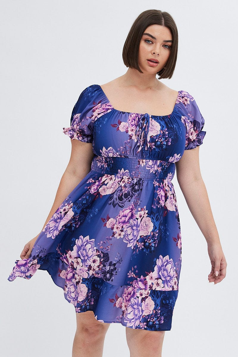Multi Floral Skater Dress Short Puff Sleeve Crepe Tie Neck for YouandAll Fashion