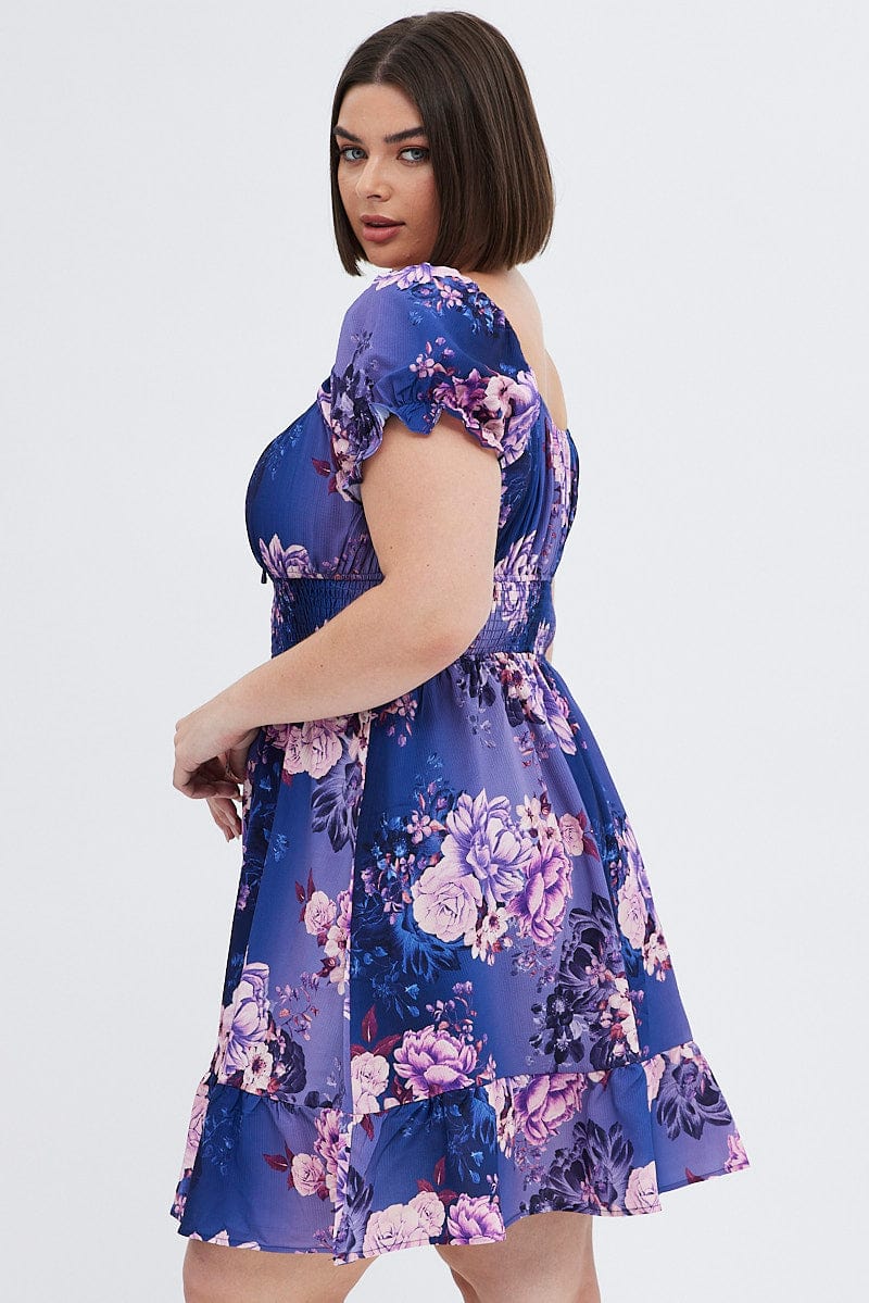Multi Floral Skater Dress Short Puff Sleeve Crepe Tie Neck for YouandAll Fashion
