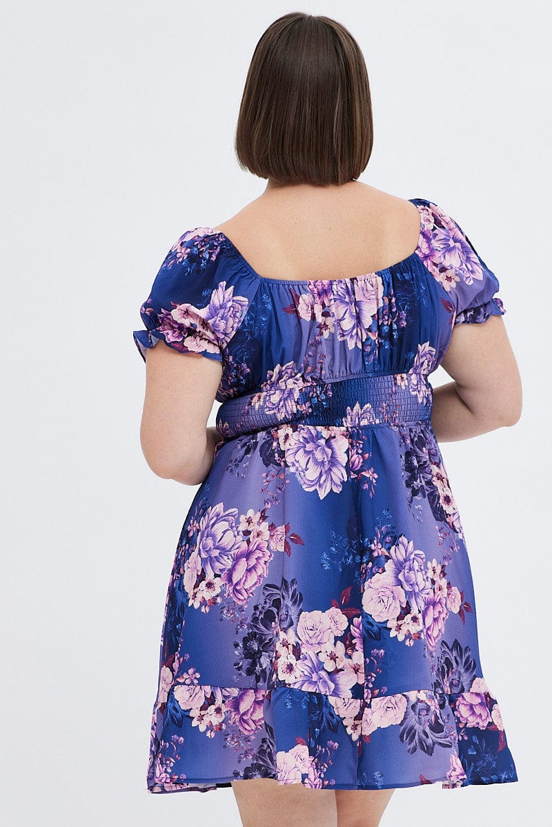 Multi Floral Skater Dress Short Puff Sleeve Crepe Tie Neck for YouandAll Fashion
