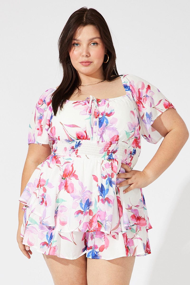 White Floral Ruffle Playsuit Short Sleeve Ruched Bust for YouandAll Fashion