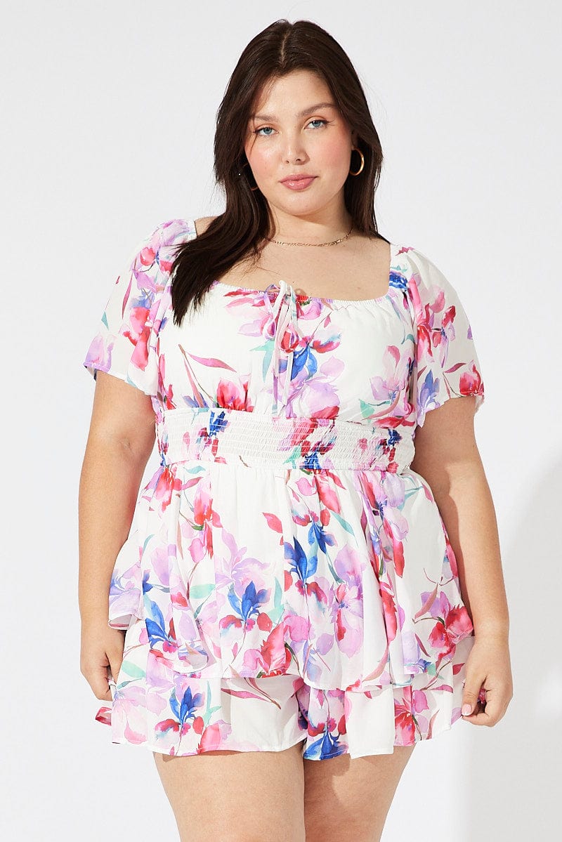 White Floral Ruffle Playsuit Short Sleeve Ruched Bust for YouandAll Fashion