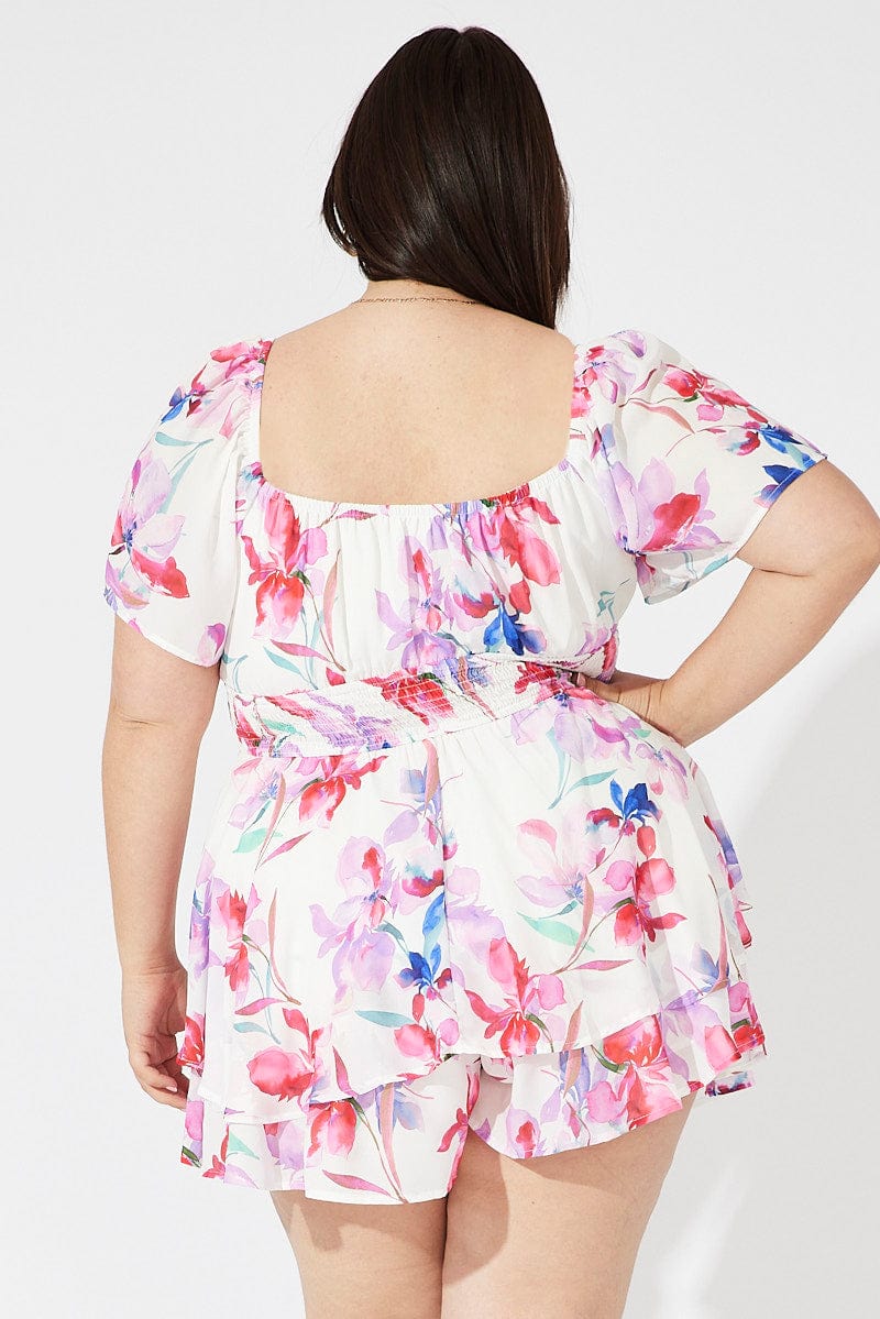 White Floral Ruffle Playsuit Short Sleeve Ruched Bust for YouandAll Fashion