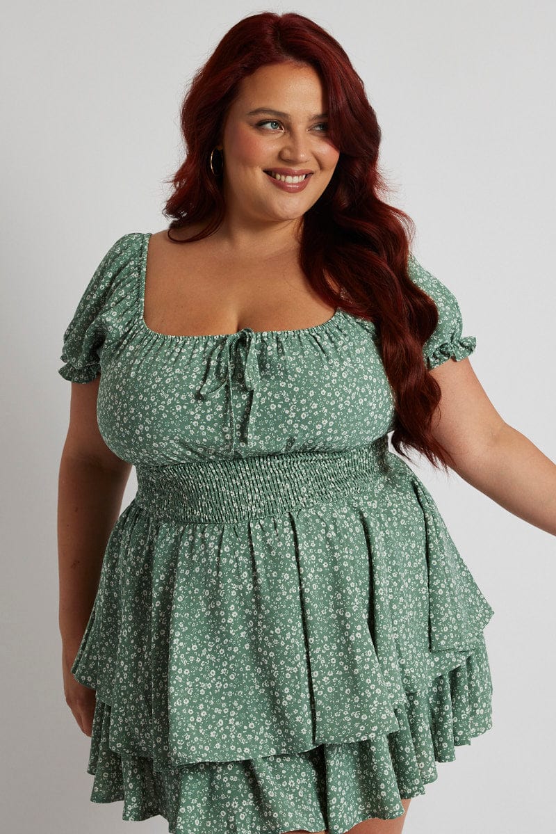 Green Ditsy Ruffle Playsuit Short Sleeve Ruched Bust for YouandAll Fashion