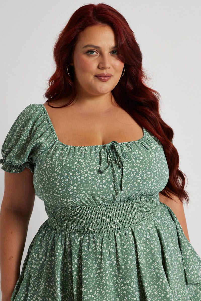 Green Ditsy Ruffle Playsuit Short Sleeve Ruched Bust for YouandAll Fashion
