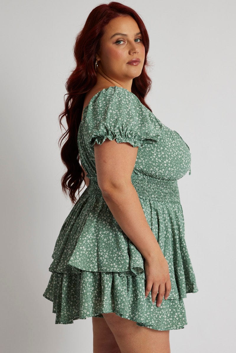 Green Ditsy Ruffle Playsuit Short Sleeve Ruched Bust for YouandAll Fashion