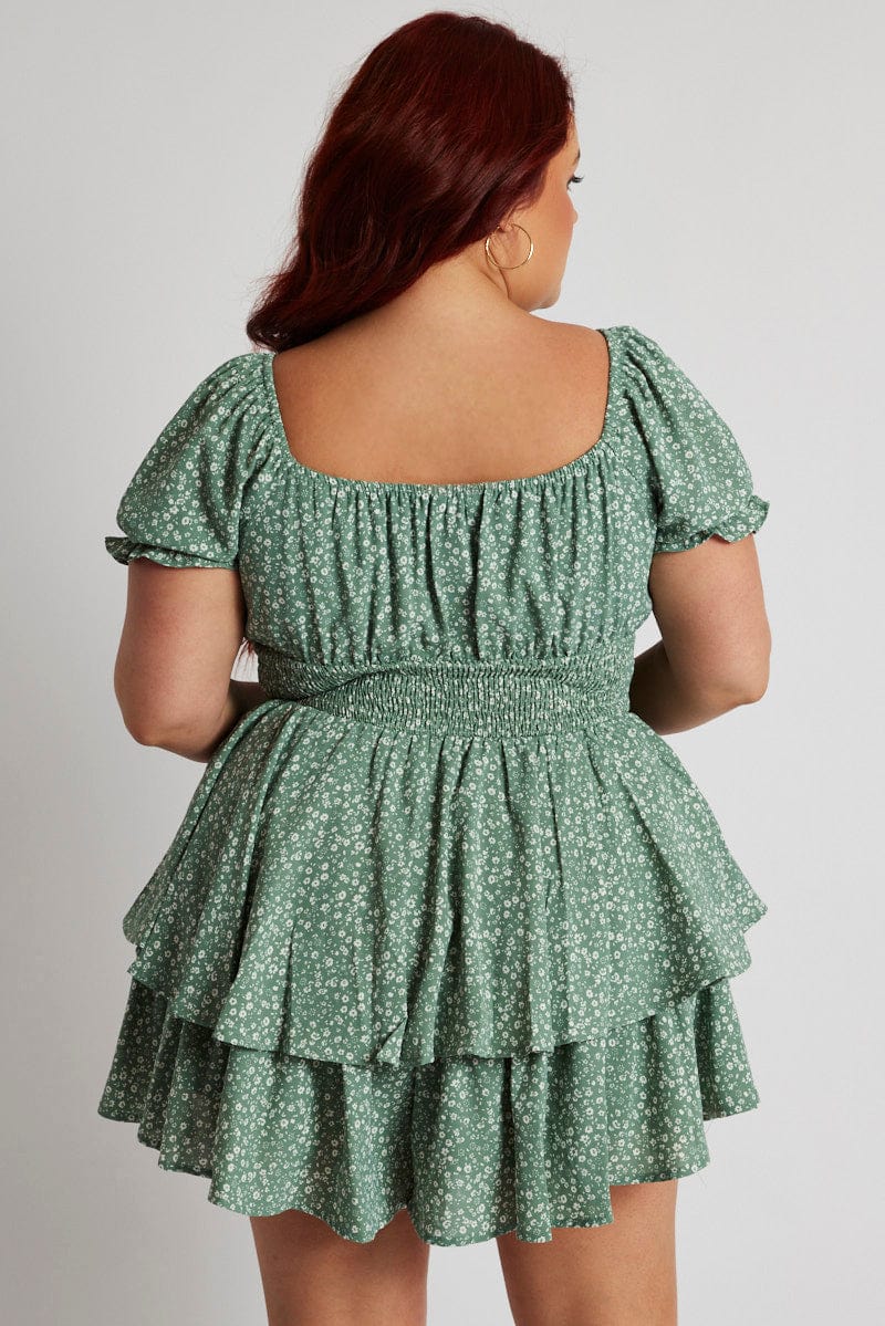 Green Ditsy Ruffle Playsuit Short Sleeve Ruched Bust for YouandAll Fashion