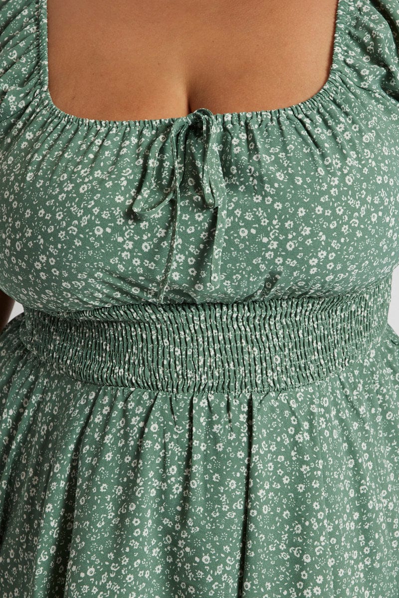 Green Ditsy Ruffle Playsuit Short Sleeve Ruched Bust for YouandAll Fashion