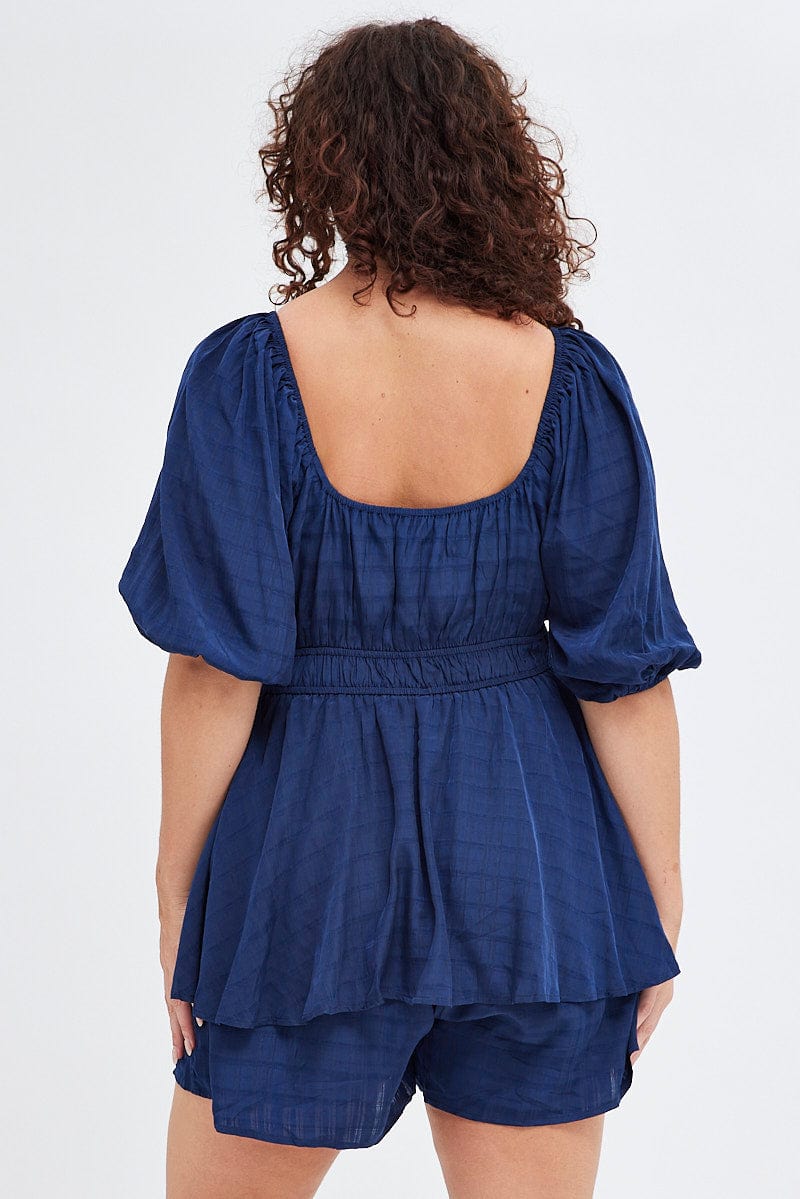 Blue Short Playsuit Textured Ruched Puff Sleeve for YouandAll Fashion