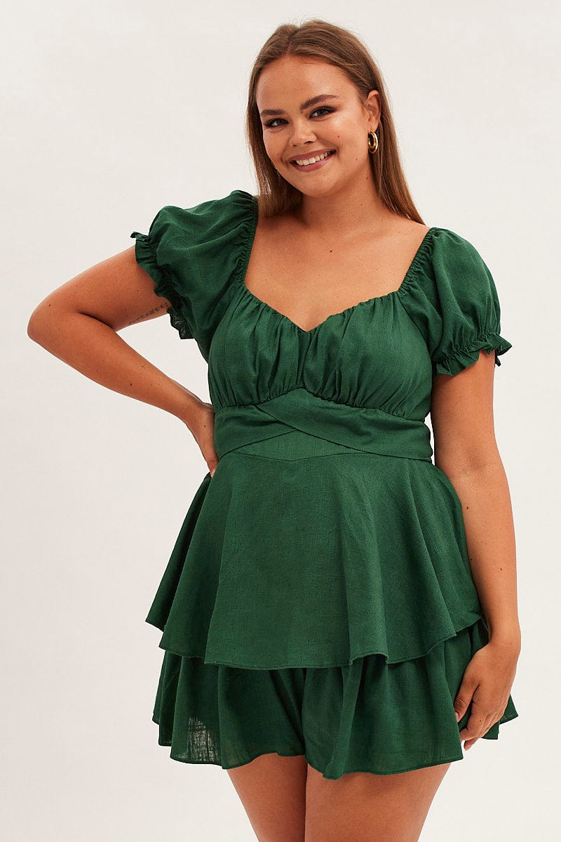 Green Short Playsuit Puff Sleeve Linen Blend for YouandAll Fashion