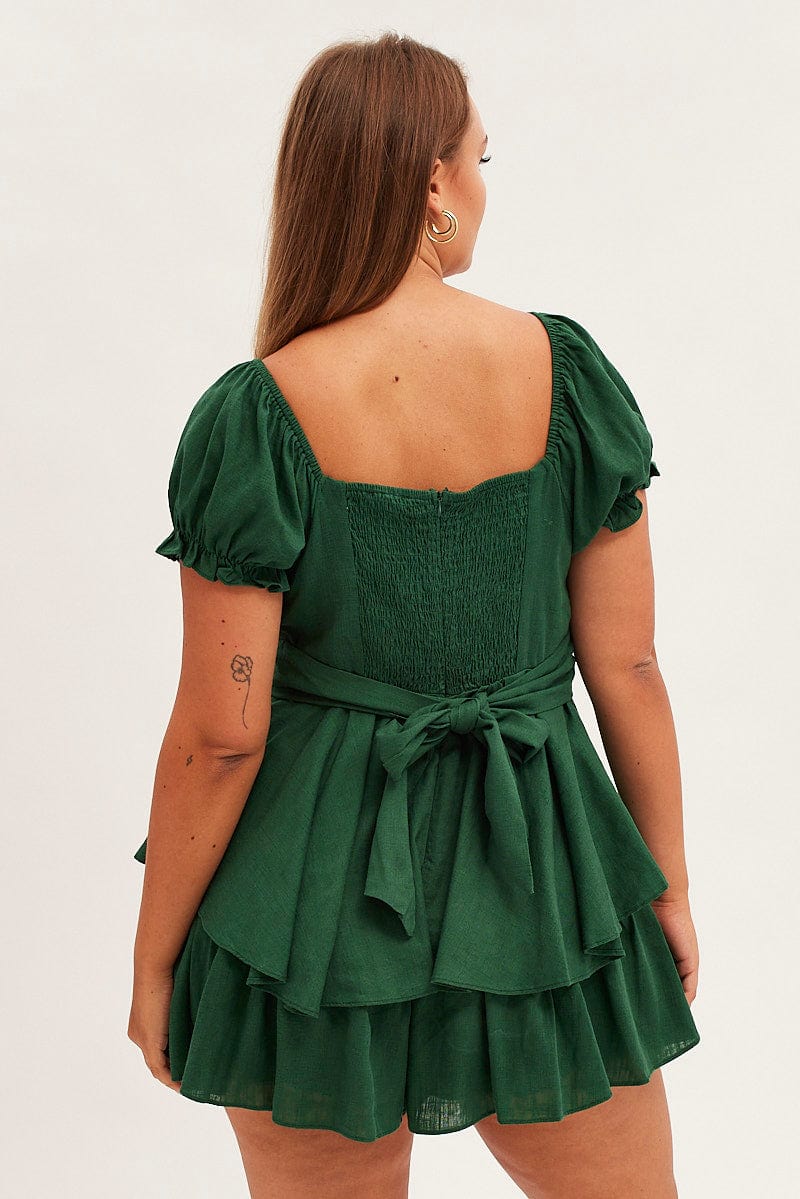 Green Short Playsuit Puff Sleeve Linen Blend for YouandAll Fashion