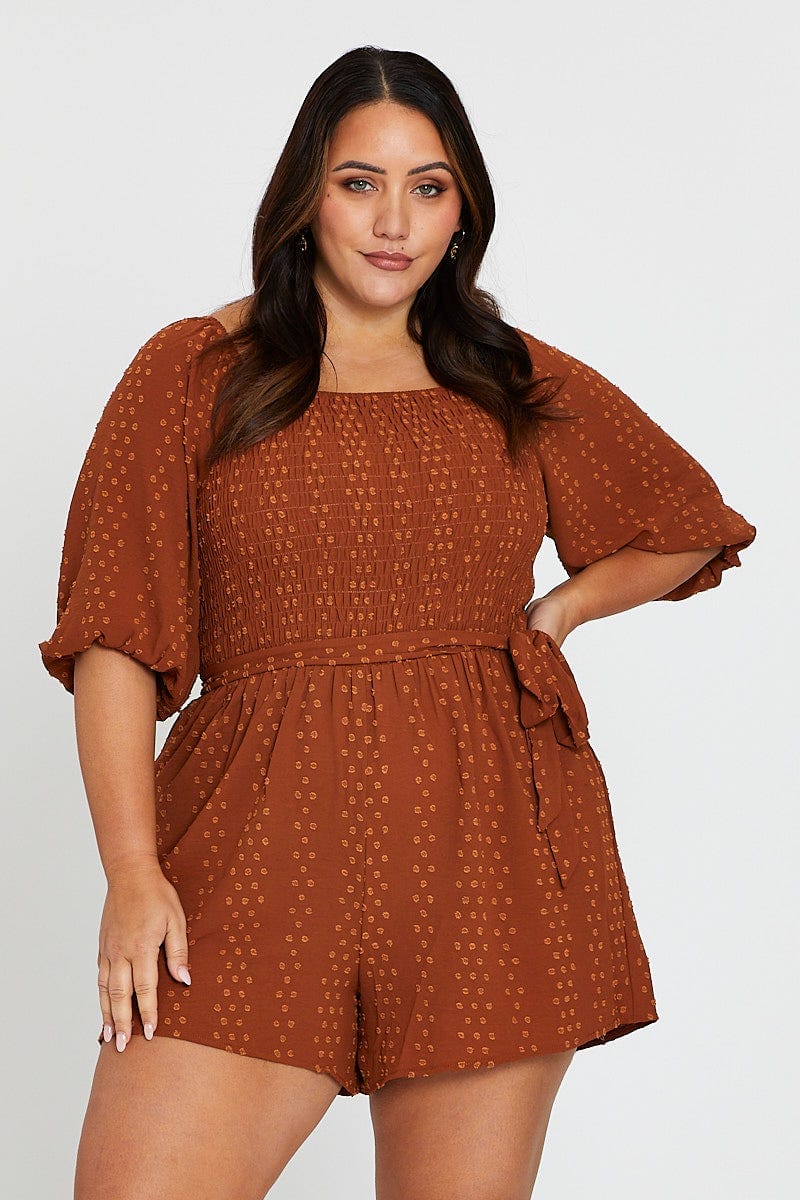 Rust 3/4 Sleeve Shirred Bodice Playsuit for Women by You and All