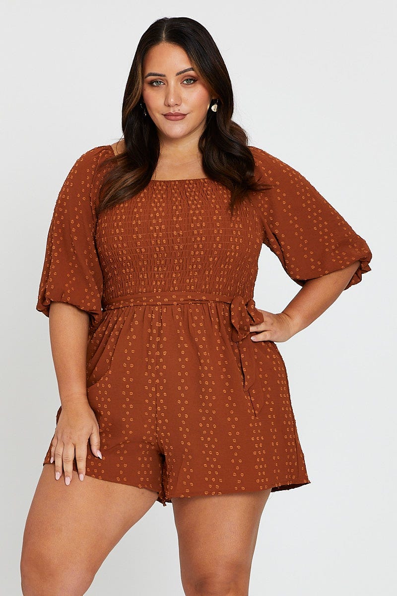 Rust 3/4 Sleeve Shirred Bodice Playsuit for Women by You and All