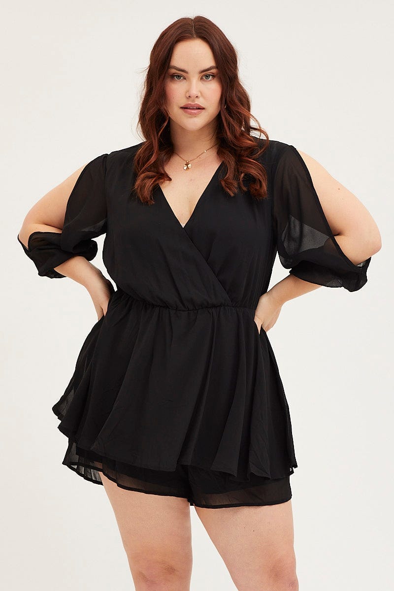 Black Playsuit Three-Quarter Sleeve Waist Tie For Women By You And All