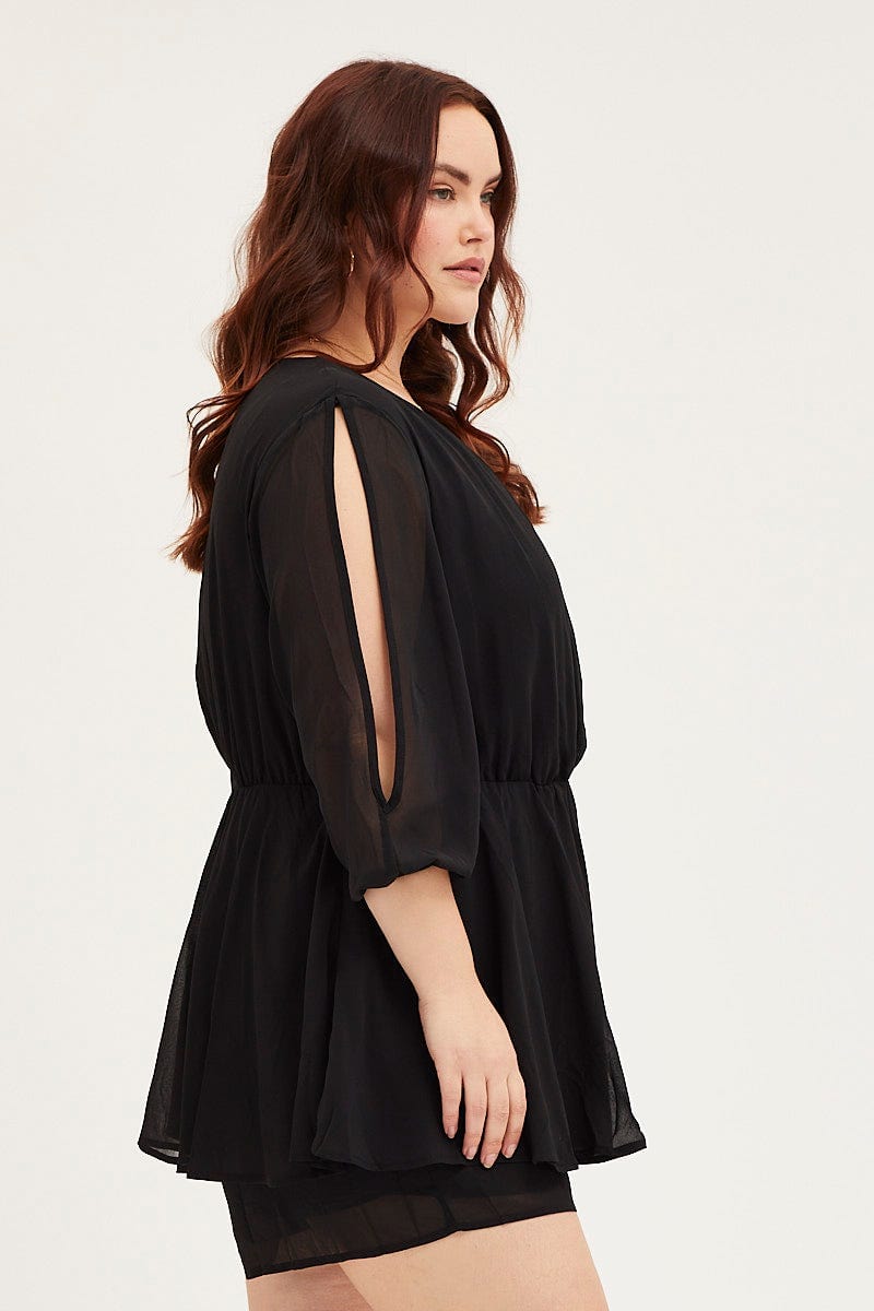 Black Playsuit Three-Quarter Sleeve Waist Tie For Women By You And All