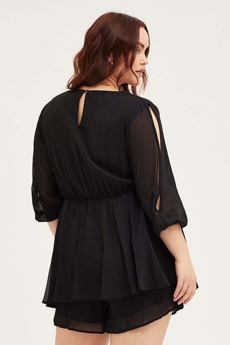 Black Playsuit Three-Quarter Sleeve Waist Tie For Women By You And All