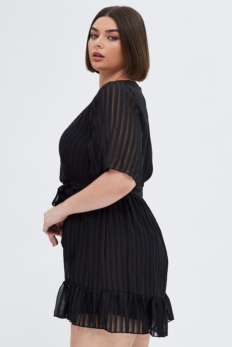 Black Frill Playsuit Short Sleeve Self Stripe for YouandAll Fashion