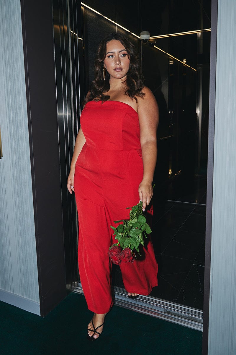 Red Strapless Jumpsuit Detachable Straps Split Leg for YouandAll Fashion