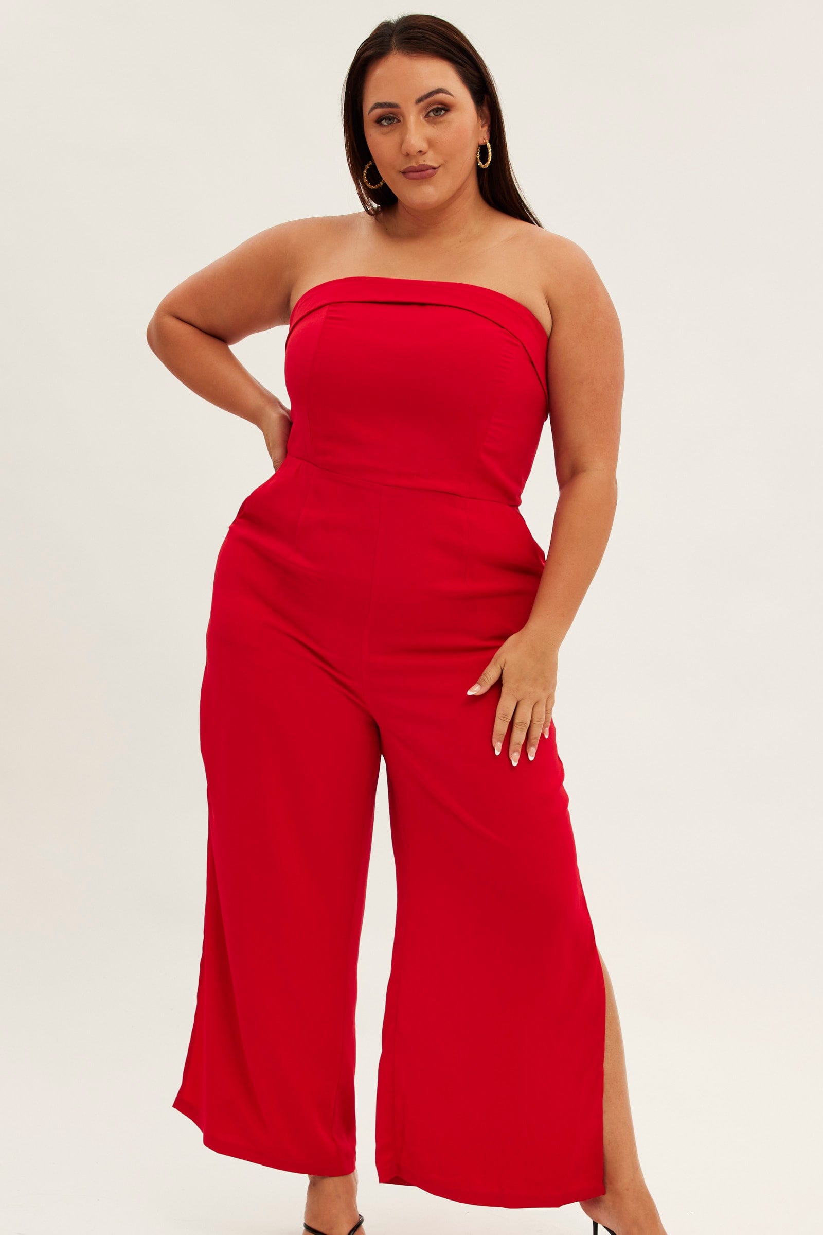 Red Strapless Jumpsuit Detachable Straps Split Leg for YouandAll Fashion