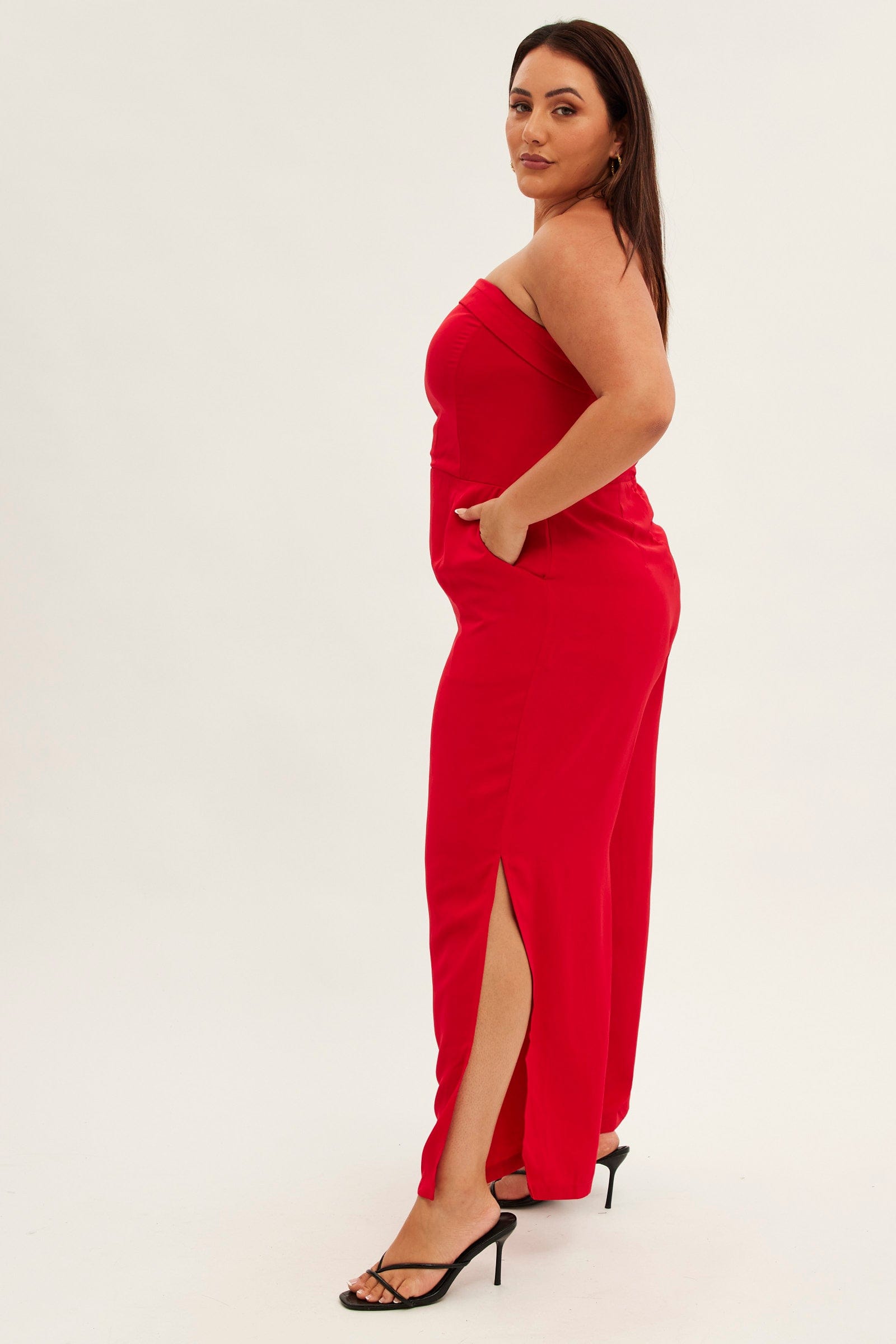 Red Strapless Jumpsuit Detachable Straps Split Leg for YouandAll Fashion