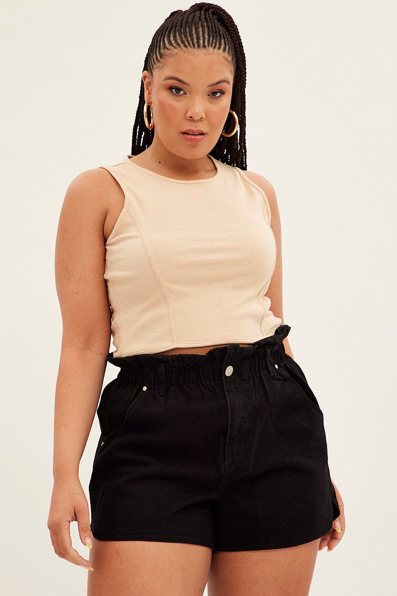 Beige Corset Top Sleeveless Crop Panel Rib Jersey for YouandAll Fashion