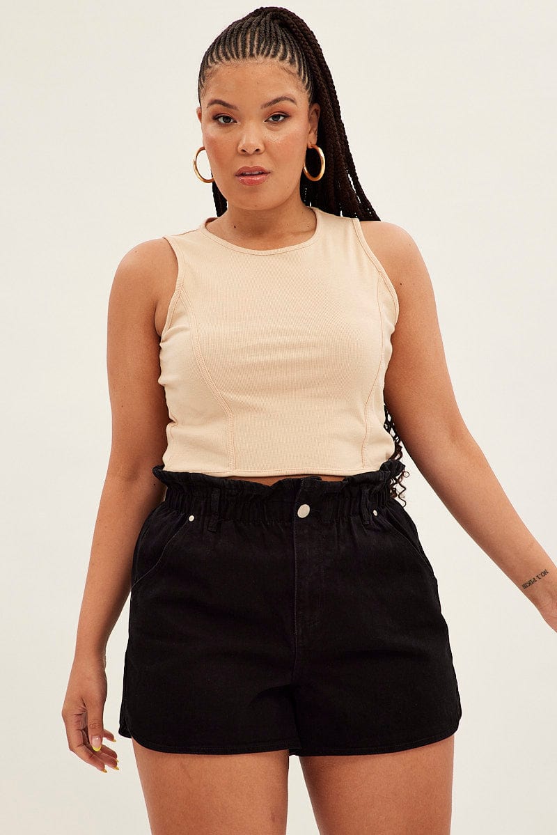 Beige Corset Top Sleeveless Crop Panel Rib Jersey for YouandAll Fashion