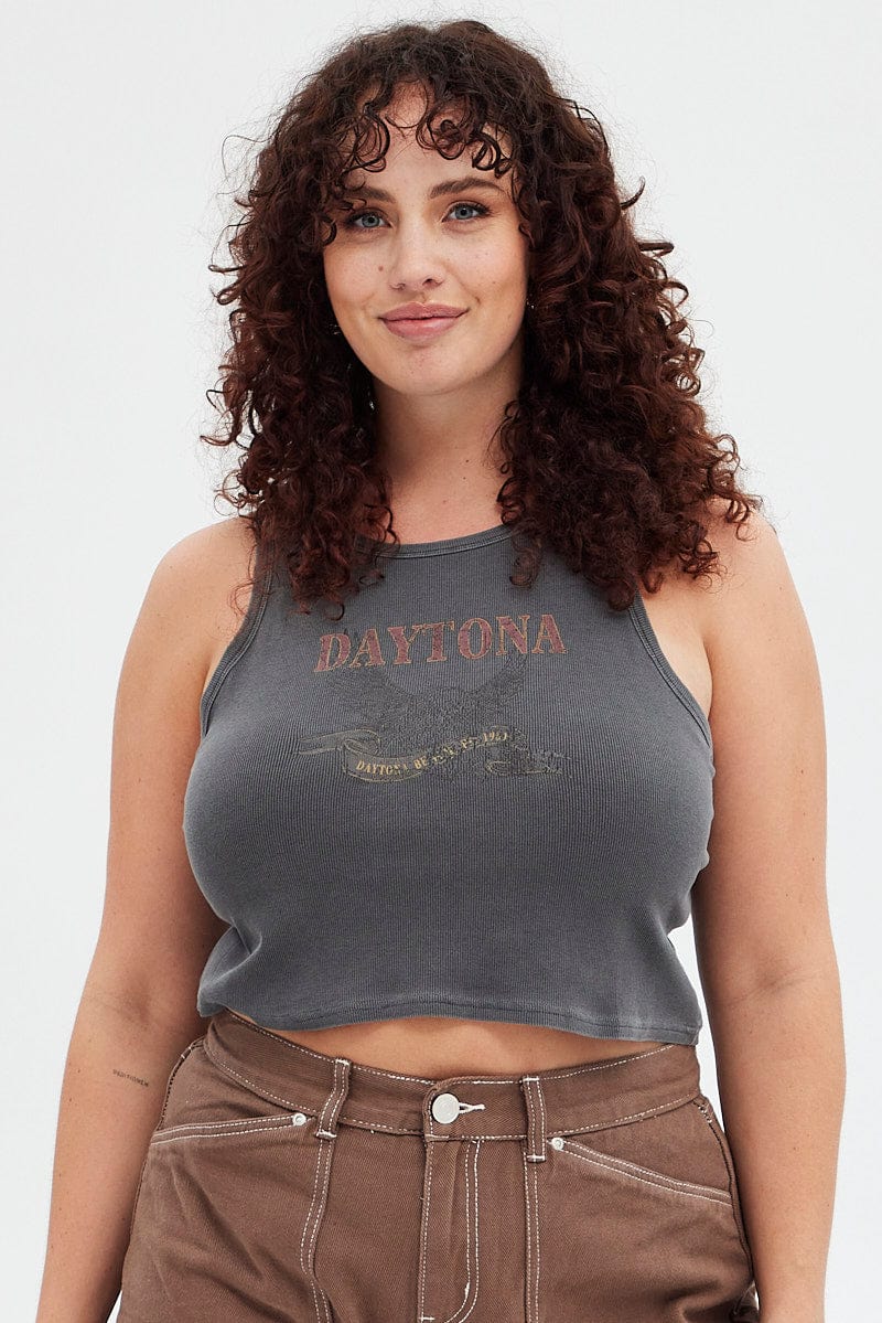 Grey Graphic Tank Daytona Crop Rib Jersey for YouandAll Fashion