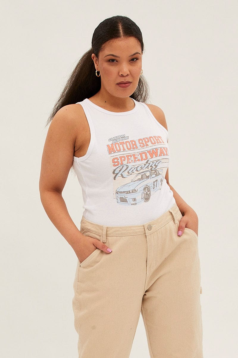 White Graphic Tank Top Crew Neck for YouandAll Fashion