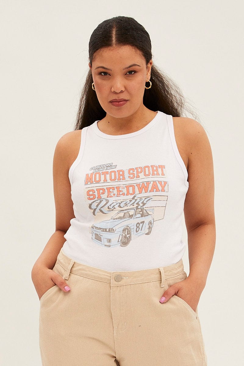 White Graphic Tank Top Crew Neck for YouandAll Fashion