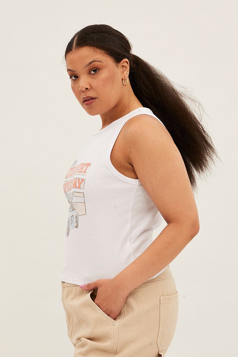 White Graphic Tank Top Crew Neck for YouandAll Fashion