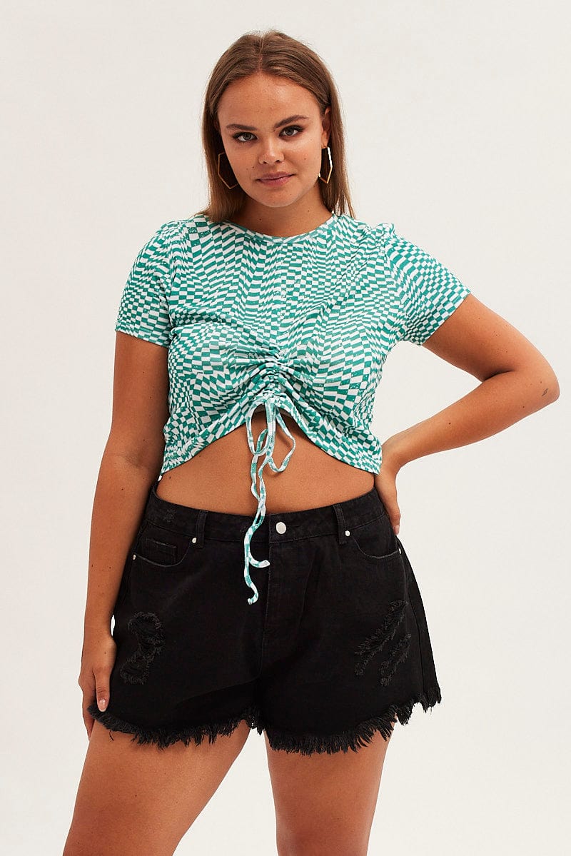 Print Crew Neck Short Sleeve Ruched Top for YouandAll Fashion