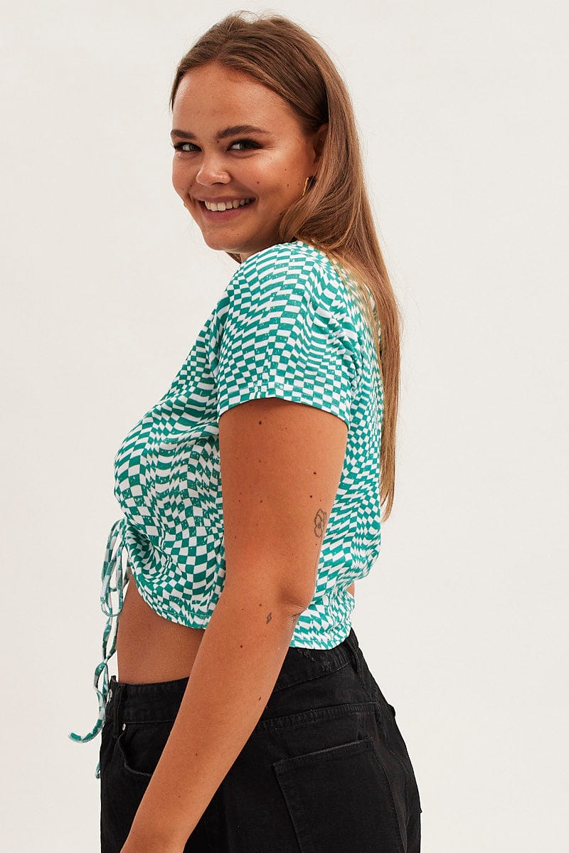 Print Crew Neck Short Sleeve Ruched Top for YouandAll Fashion