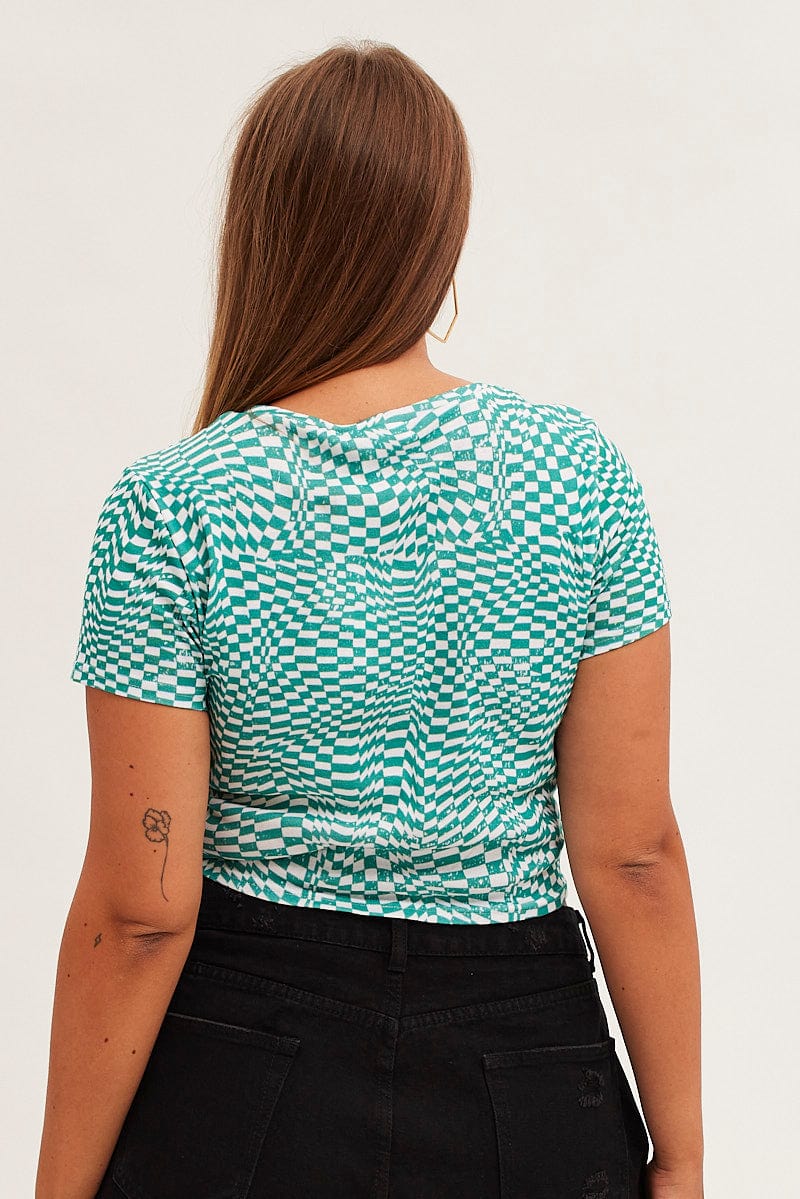Print Crew Neck Short Sleeve Ruched Top for YouandAll Fashion