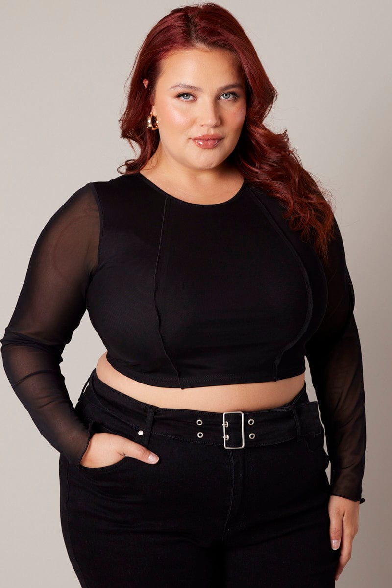 Black Mesh Top Long Sleeve Round Neck Panel Detail for YouandAll Fashion