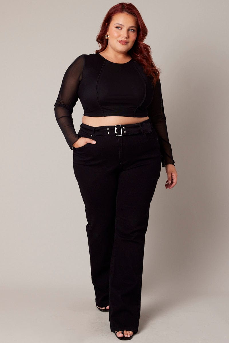 Black Mesh Top Long Sleeve Round Neck Panel Detail for YouandAll Fashion
