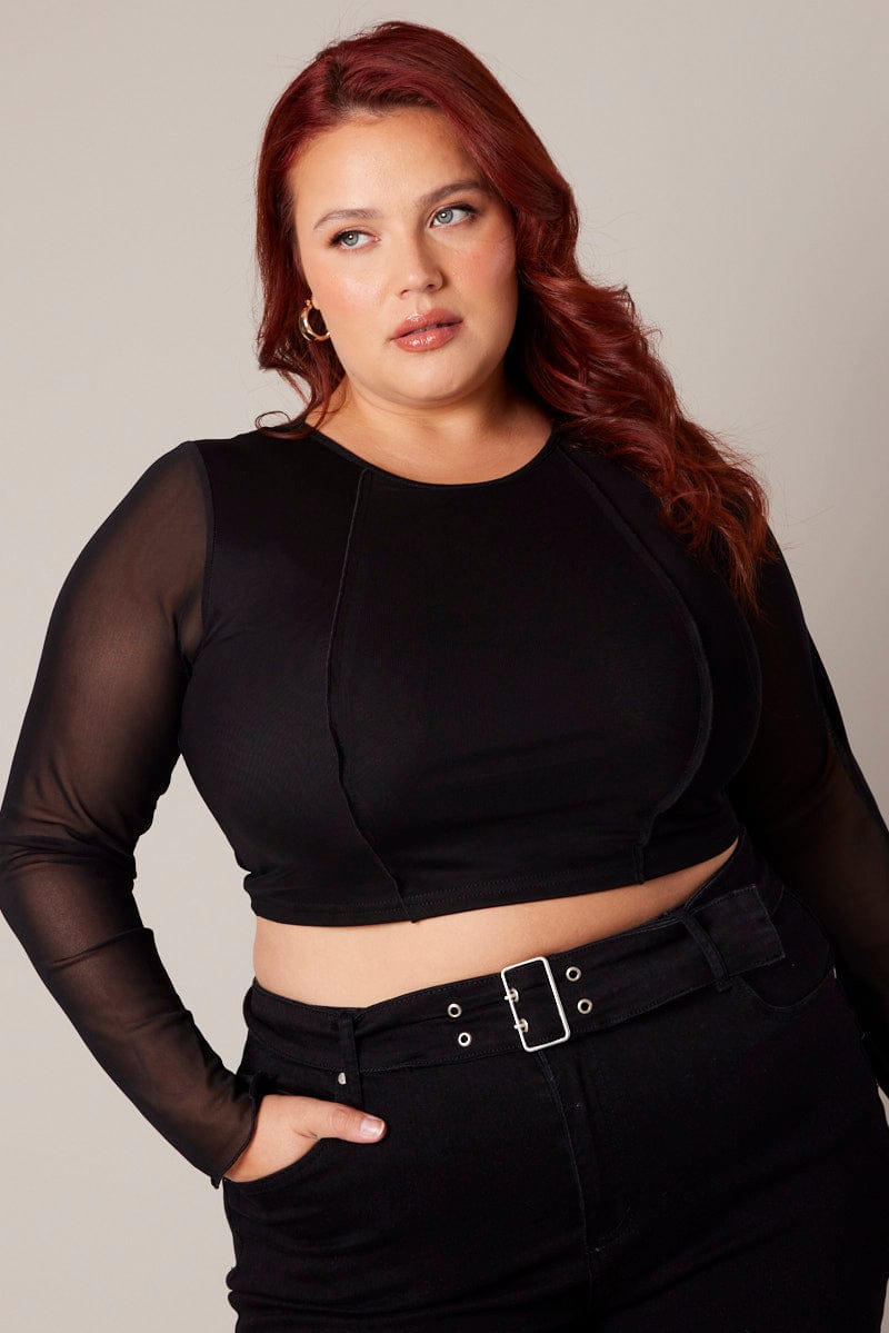 Black Mesh Top Long Sleeve Round Neck Panel Detail for YouandAll Fashion