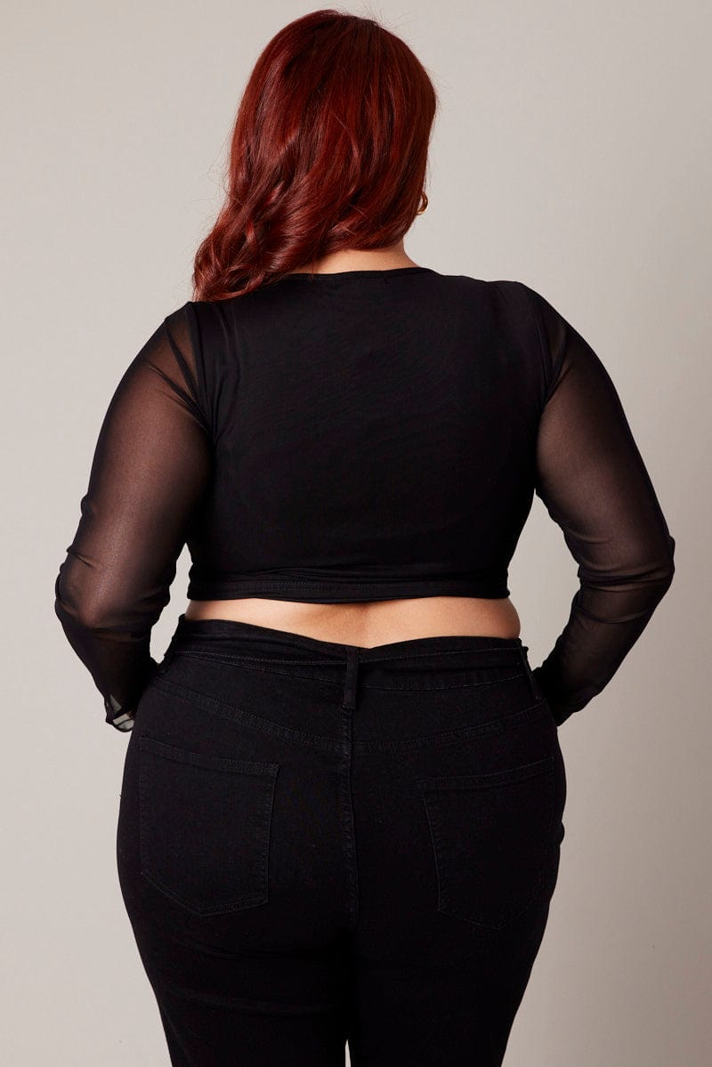 Black Mesh Top Long Sleeve Round Neck Panel Detail for YouandAll Fashion