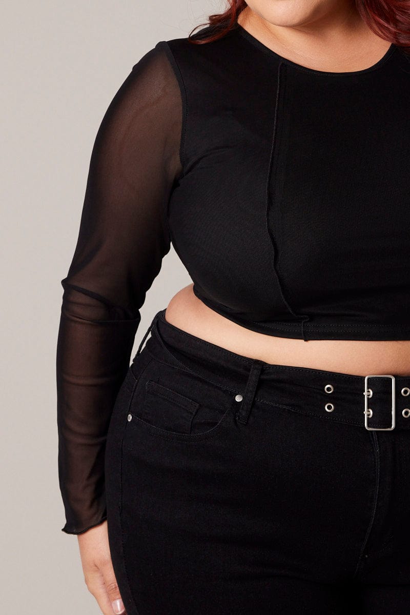Black Mesh Top Long Sleeve Round Neck Panel Detail for YouandAll Fashion