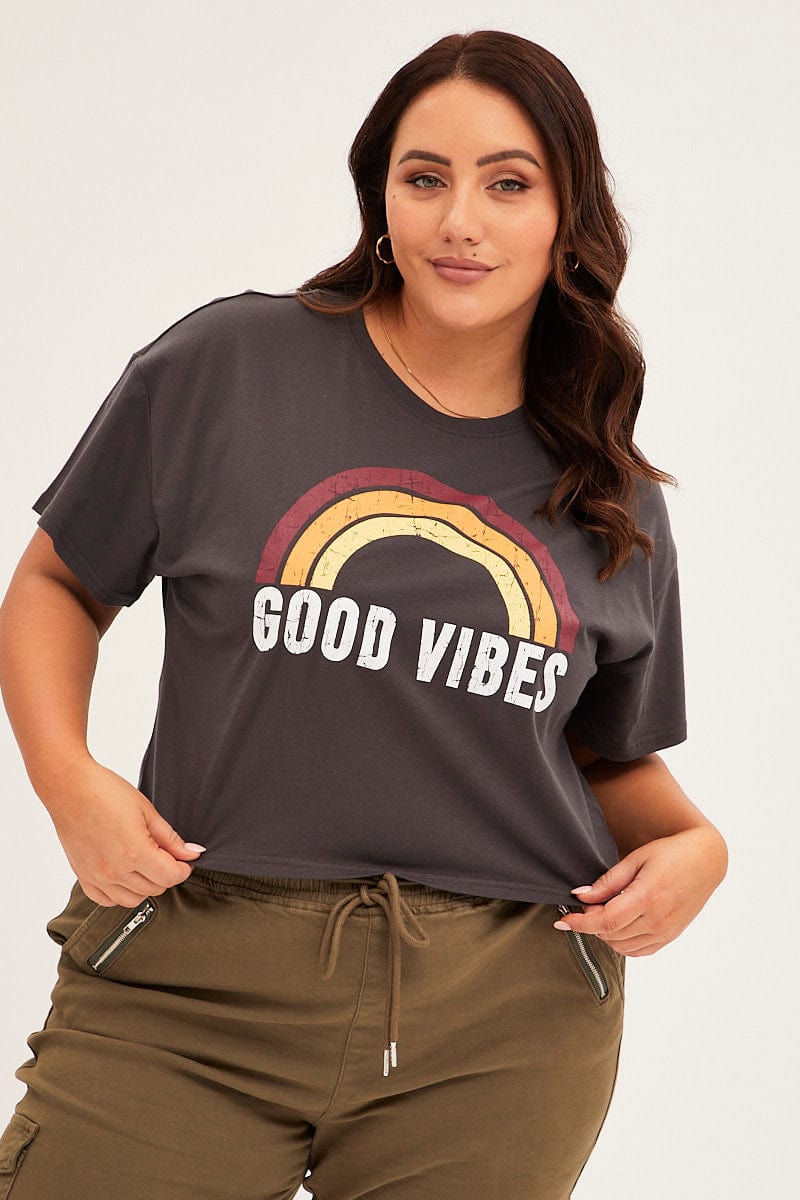 Grey Short Sleeve Crop Good Vibes Cotton T-Shirt for YouandAll Fashion
