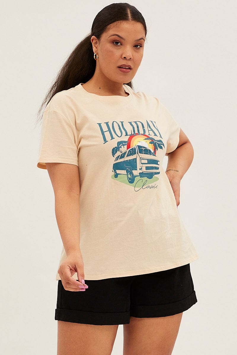 Beige Short Sleeve Holiday Regular T Shirt for YouandAll Fashion