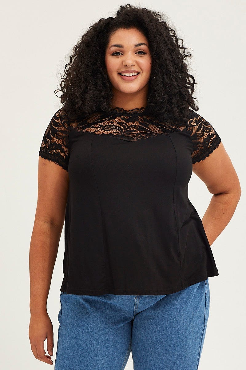 Black Short Sleeve Lace Trim Top For Women By You And All