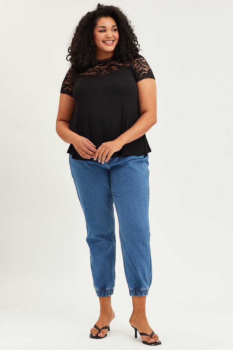 Black Short Sleeve Lace Trim Top For Women By You And All