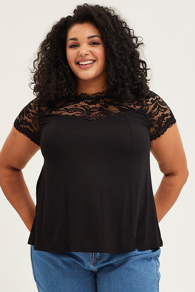 Black Short Sleeve Lace Trim Top For Women By You And All