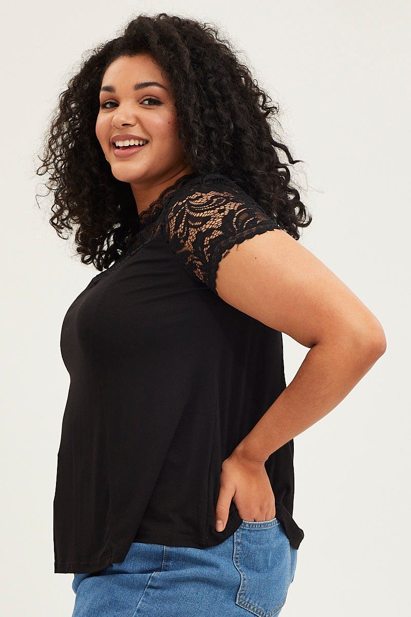 Black Short Sleeve Lace Trim Top For Women By You And All